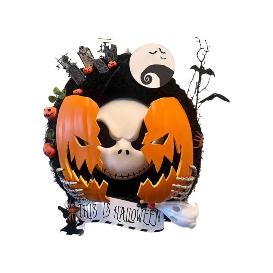Nightmare Pumpkin Wreath Halloween Gothic Pumpkin Ghost Hanging Door Sign for Front Door Haunted House Decoration