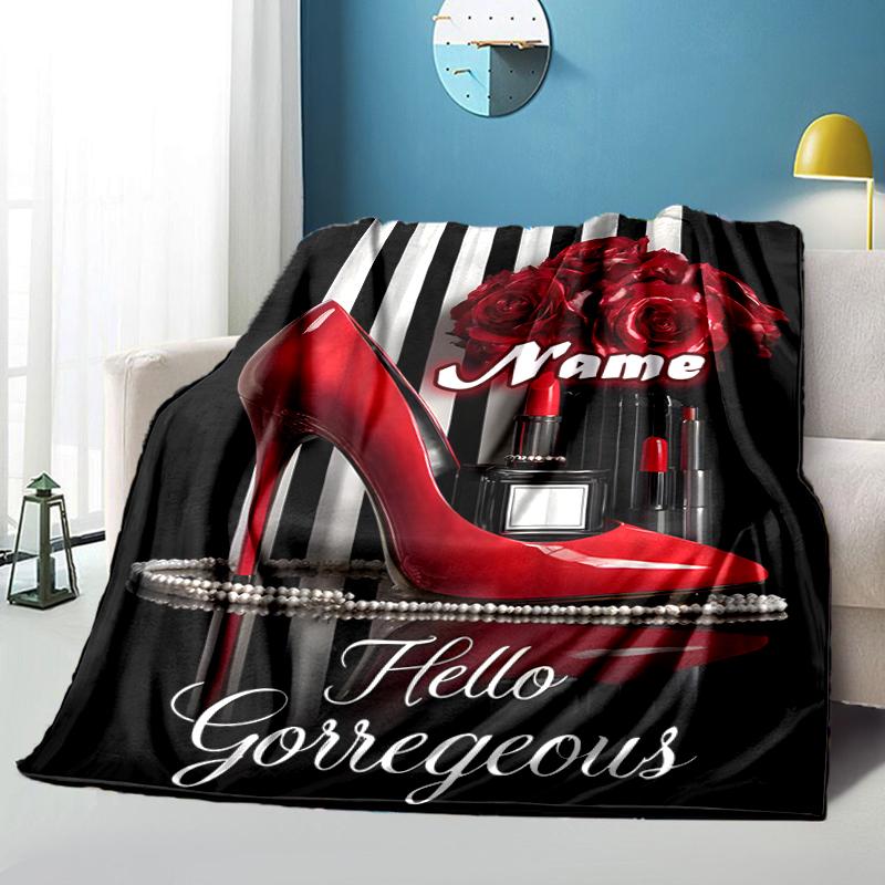 1PC Custom Name Glamorous Heels Roses outdooor Flannel blankets Throw Blanket All-Season Throw Gift Bedspread for Couch, Bed, Camping Holiday Birthday