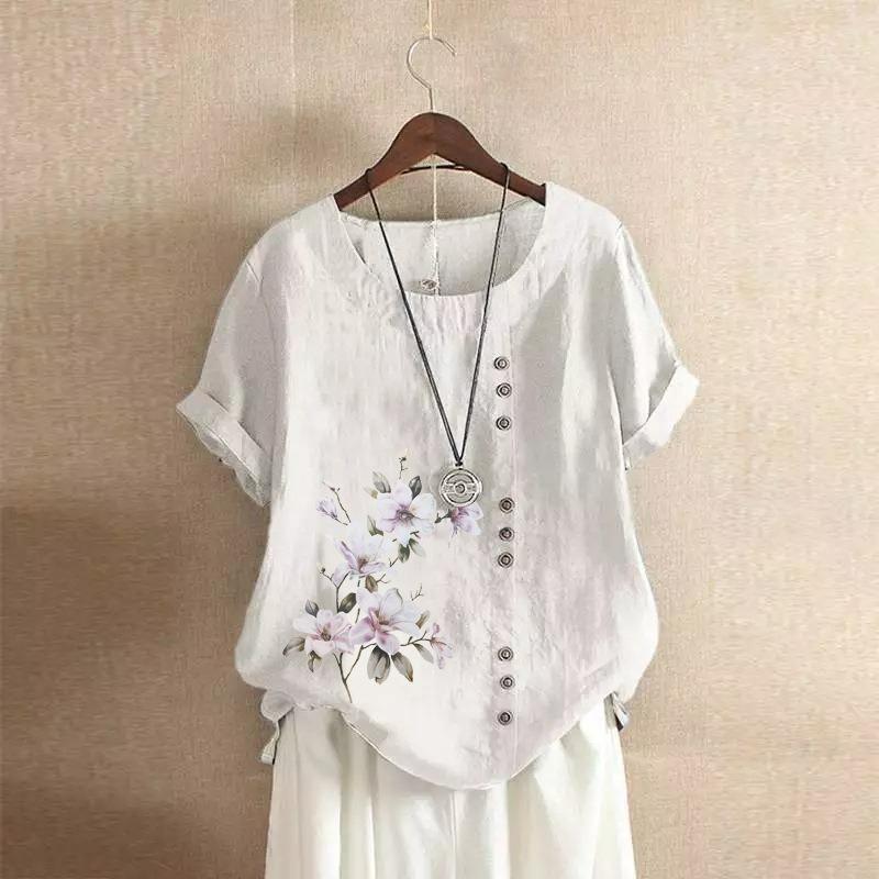 Cotton and Linen Women s Summer and Autumn Retro Casual Loose Cotton and Linen Short-sleeved T-shirt Cotton and Linen Women s Plus Size XS