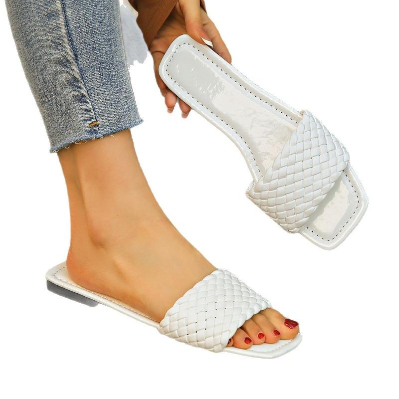 Damen Weite Weite Gewebte Riemen Pantoletten - Einfarbige Flache Pantoletten für Draußen, Minimalistische Freizeit-Slipper