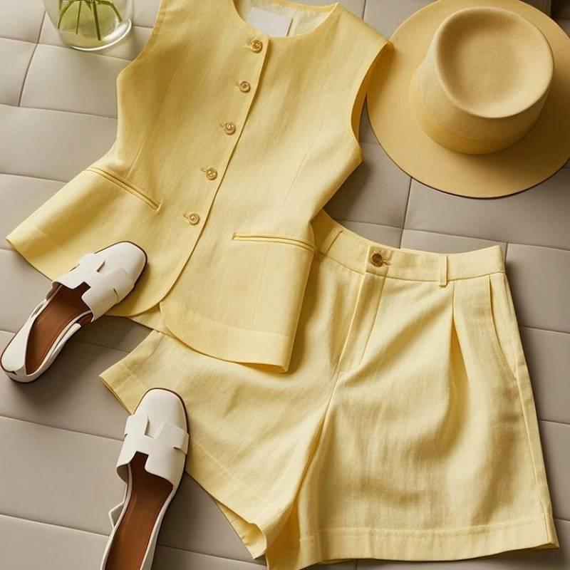2025 Petite Women's European Style Yellow Vest & Shorts Set - Streetwear Summer Outfit