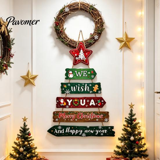 Rustic Christmas Hanging Ornaments Wooden Pendant for Holiday Home Door, Decorative Reusable Xmas Party Supplies Sign Ornament with Hemp Rope