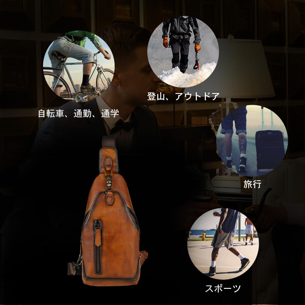 Whatna Antique-Style Tanned Natural Cowhide Leather One-Shoulder Men's Bag, Body Bag, Chest Bag, Crossbody Bag, Genuine Thick Leather, Gift for Men,