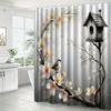 1Pc Floral And Bird Patterned Shower Curtain With Hooks, Machine Washable Polyester, Suitable For Bathroom Dcor.
