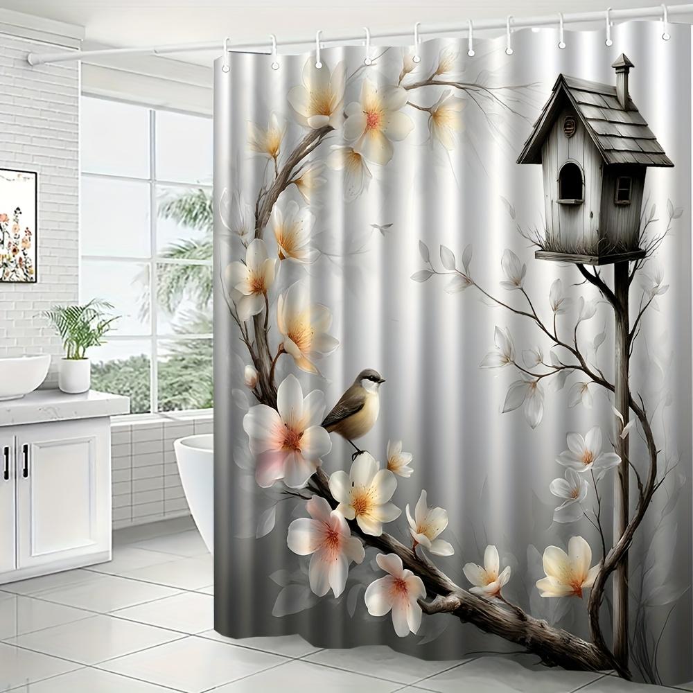 1Pc Floral And Bird Patterned Shower Curtain With Hooks, Machine Washable Polyester, Suitable For Bathroom Dcor.