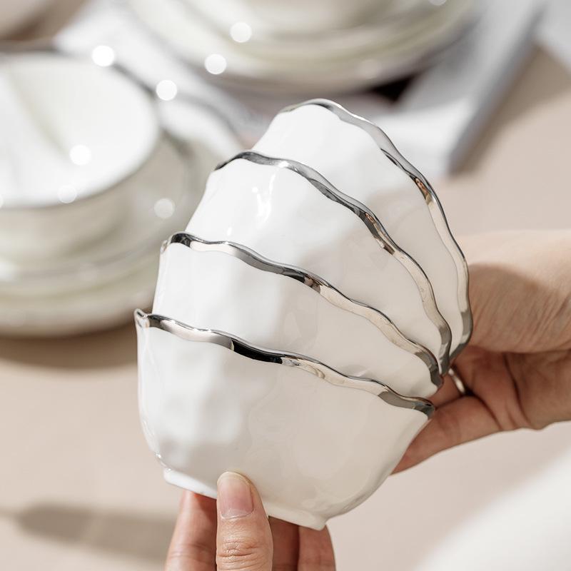 Elegant Hammered Silver Edge Ceramic Bowl & Plate Set - Perfect Housewarming Gift