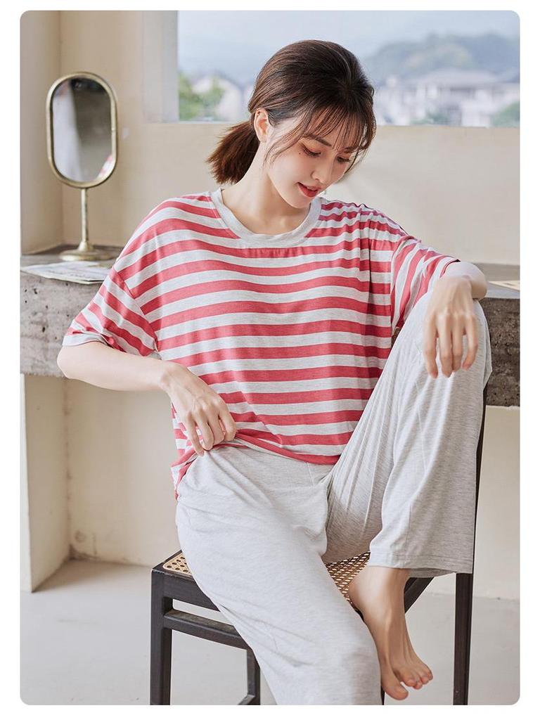 Women's Summer Three-Piece Modal Pajama Set with Bra Pads - Short Sleeve Top, Shorts, and Long Pants for Indoor/Outdoor Wear