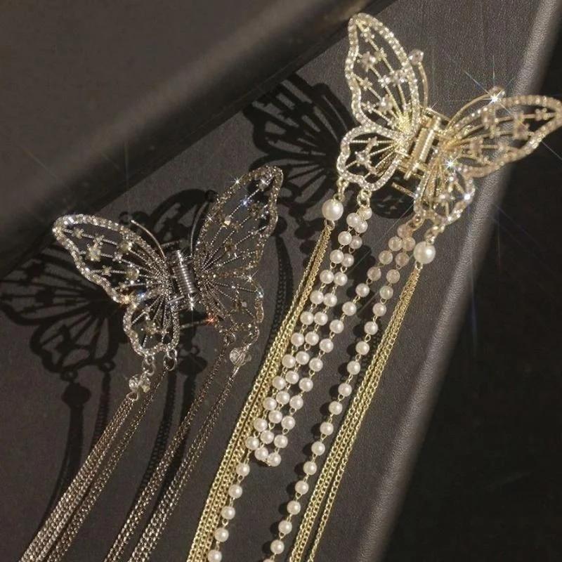 Luxury Pearl Butterfly Hair Clips Rhinestone Tassel Hair Claw Women Temperament Hairpin Ponytail Clip Headwear Hair Accessories