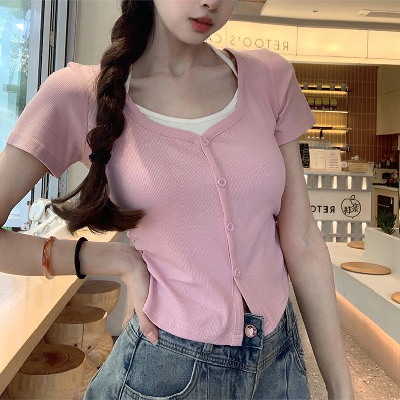 Women's V Neck Short Sleeve Fake Two Piece Top Slim Fit Sweet Style Crop Blouse