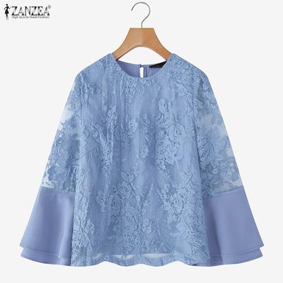 Blusa da donna casual a girocollo ampia con pizzo patchwork a maniche 3/4