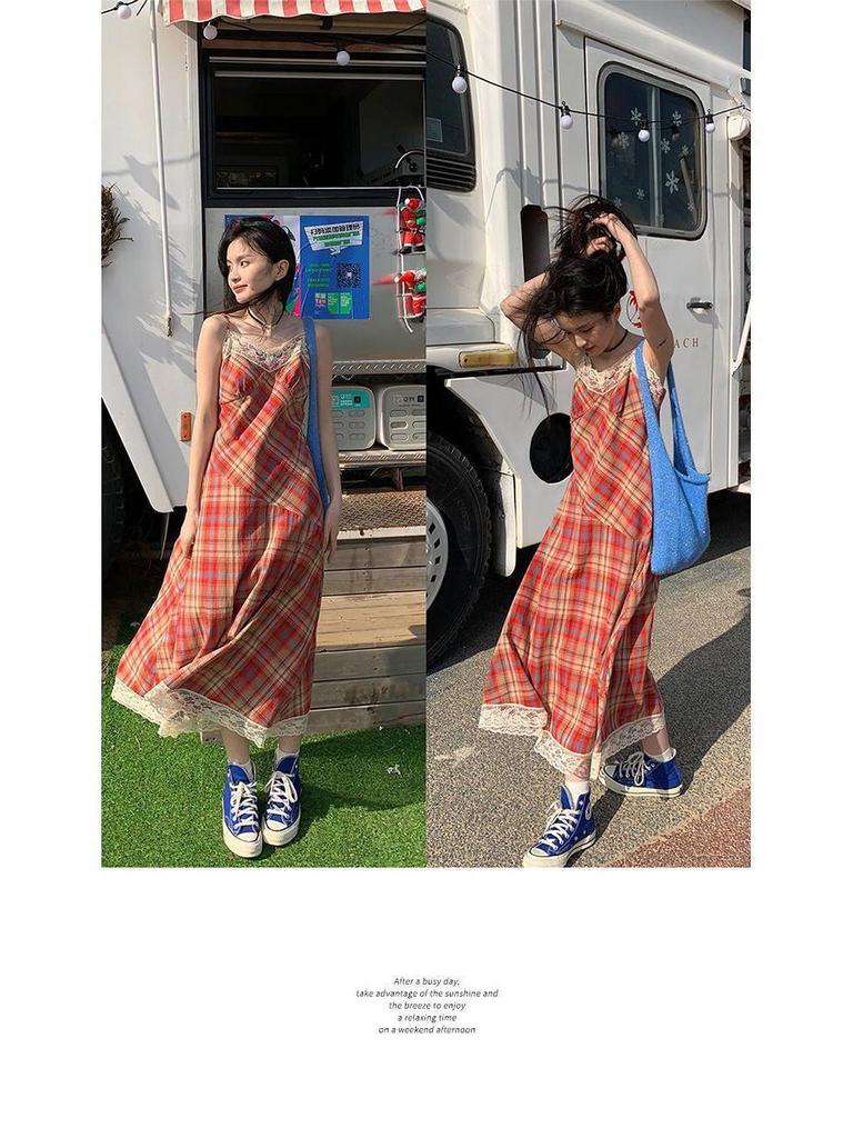 Lined French Lace Plaid One-Shoulder Camisole Dress with Cinched Waist for Women
