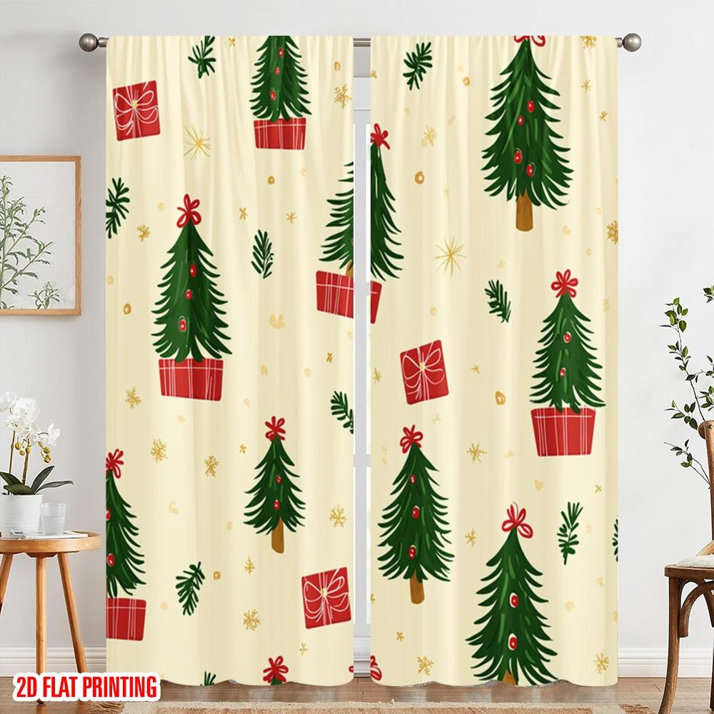 Set Of 2 Plane Printing Curtain Popular Christmas Tree Gift Star Durable Polyester Fabric Without Rod Decorations Outdoor