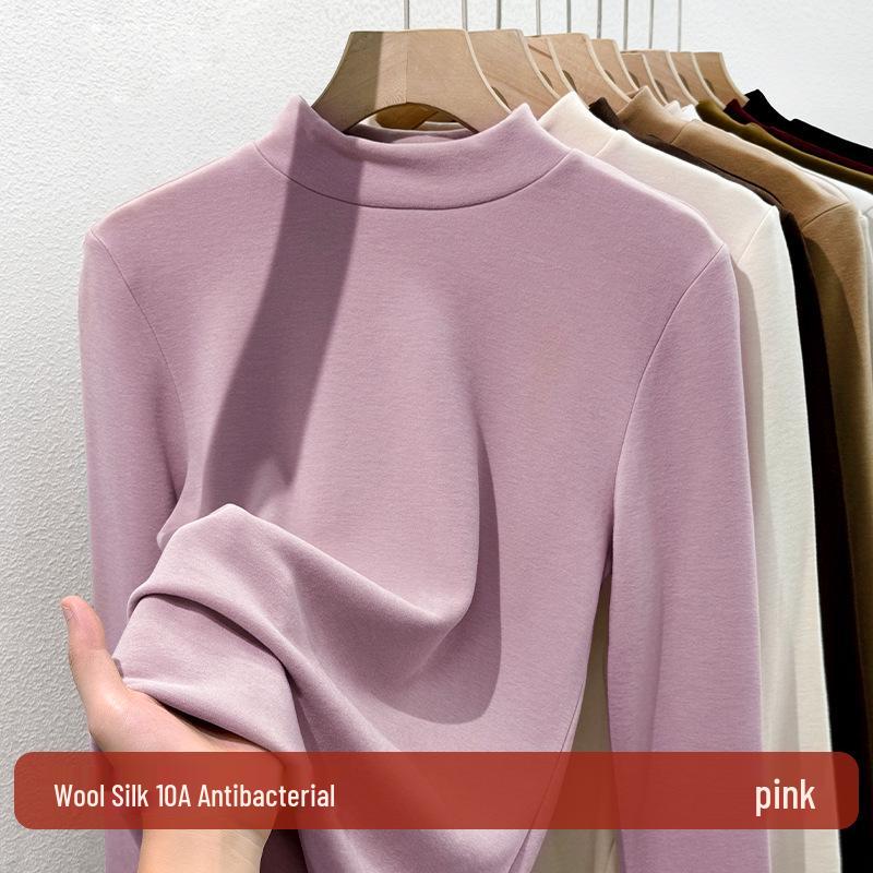 Women's Wool-Blend Base Layer Top: Half-High Collar, Velvet-Lined, Thickened, Silk Lyocell, Warm Long-Sleeved.