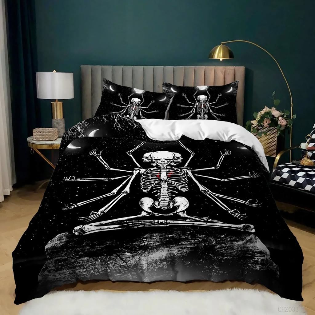 Sugar Skull Duvet Cover Scary Skeleton Comforter Cover Queen Twin Size For Adults Teen Halloween Decor Gothic Skull Bedding Set