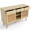 Mobile Organizzatore ad Ampio Spazio, Credenza, Cassettiera con 3 e Ante Scorrevoli, Intreccio in Rattan sulle Ante, Gambe in Legno Massello,