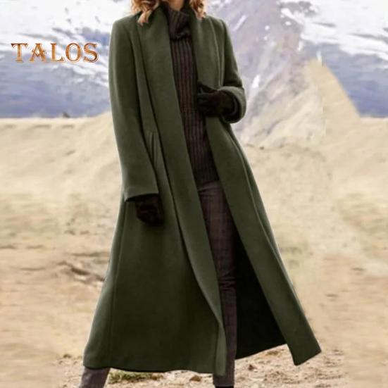 Women Winter Overcoat Open Stitch Turn-down Collar Long Sleeves Windbreaker Loose Cardigan Calf Length Outdoor Woolen Coat