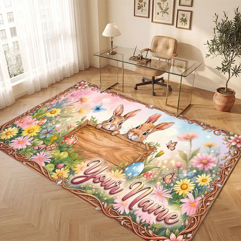 Floral Garden Theme Crystal Velvet Floor Rug Personalized Custom Name Text Warm Carpet Home Decoration
