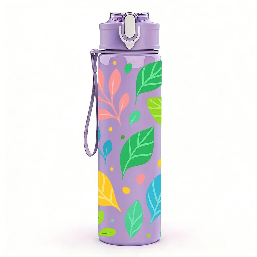 1PC Multicolor Leaf Plant Pattern Print 750ml Color Plastic Sports Water Bottle Leakproof Flip Straw Lid Suitable for Sports Office Home Use