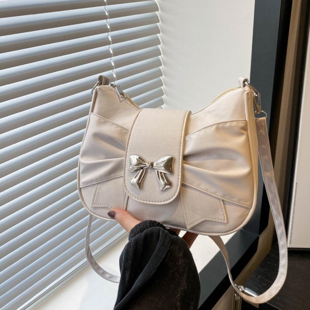 Soft Square Pleated Handbag Underarm Bow  Armpit Bag Sweet Bowknot Shoulder Bag  Outdoor