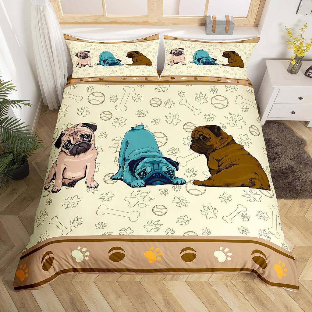 Puppy Dog Duvet Cover Full Queen Size Kawaii Pug Comforter Cover Love Heart Print Bedspread Cover Cute Pet Black Bedding Set
