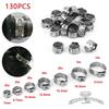 130pcs Stainless Steel Single Ear Stepless Hose Clamps Assortment Box Kit OR 1 Plier for Crimp Pinch Rings Securing Pipe Hose