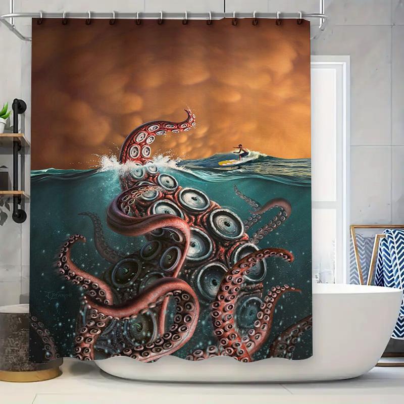 Modern Sea Creature Bathroom Shower Curtain Waterproof Home Decor Print 3D Waterproof Wall Hanging Art Decoration Blue Green Red