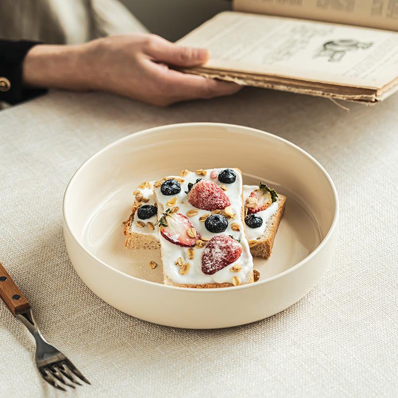 Cream Wind Simple Ceramic Light Bowl Household Fruit Salad Bowl Dessert Dim Sum Bowl High Value Vegetable Bowl Large Bowl Tableware