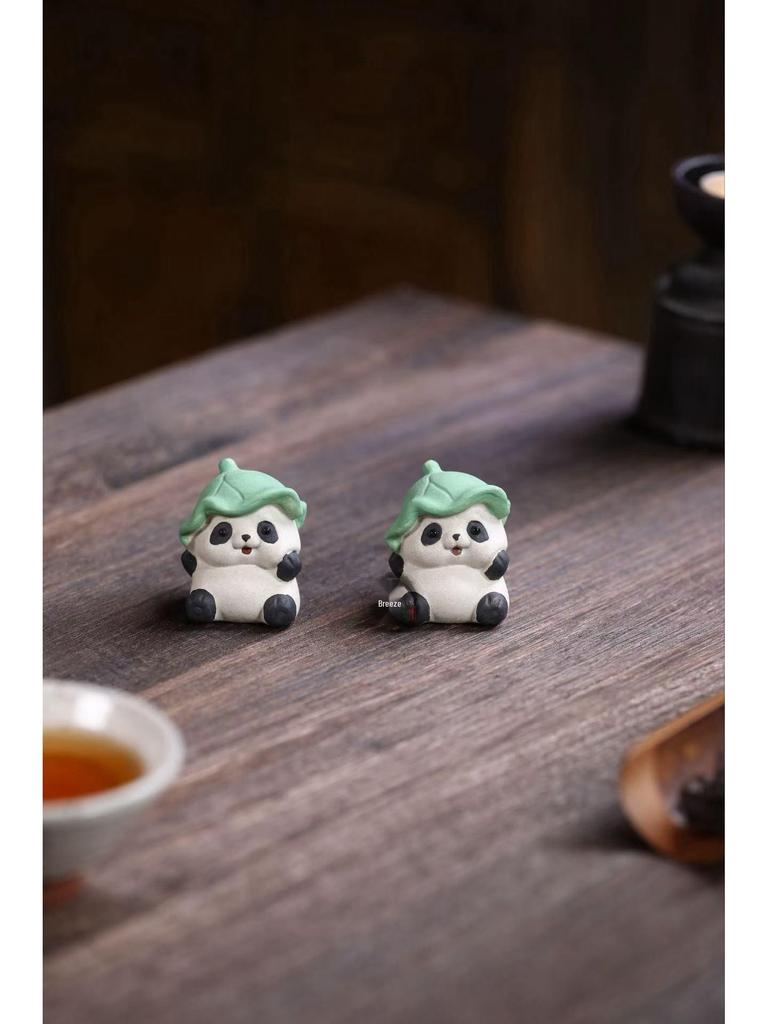 Yixing Zisha Lotus Leaf Panda Tea Pet Ornament for Tea Table Decor, Handmade and Adorable