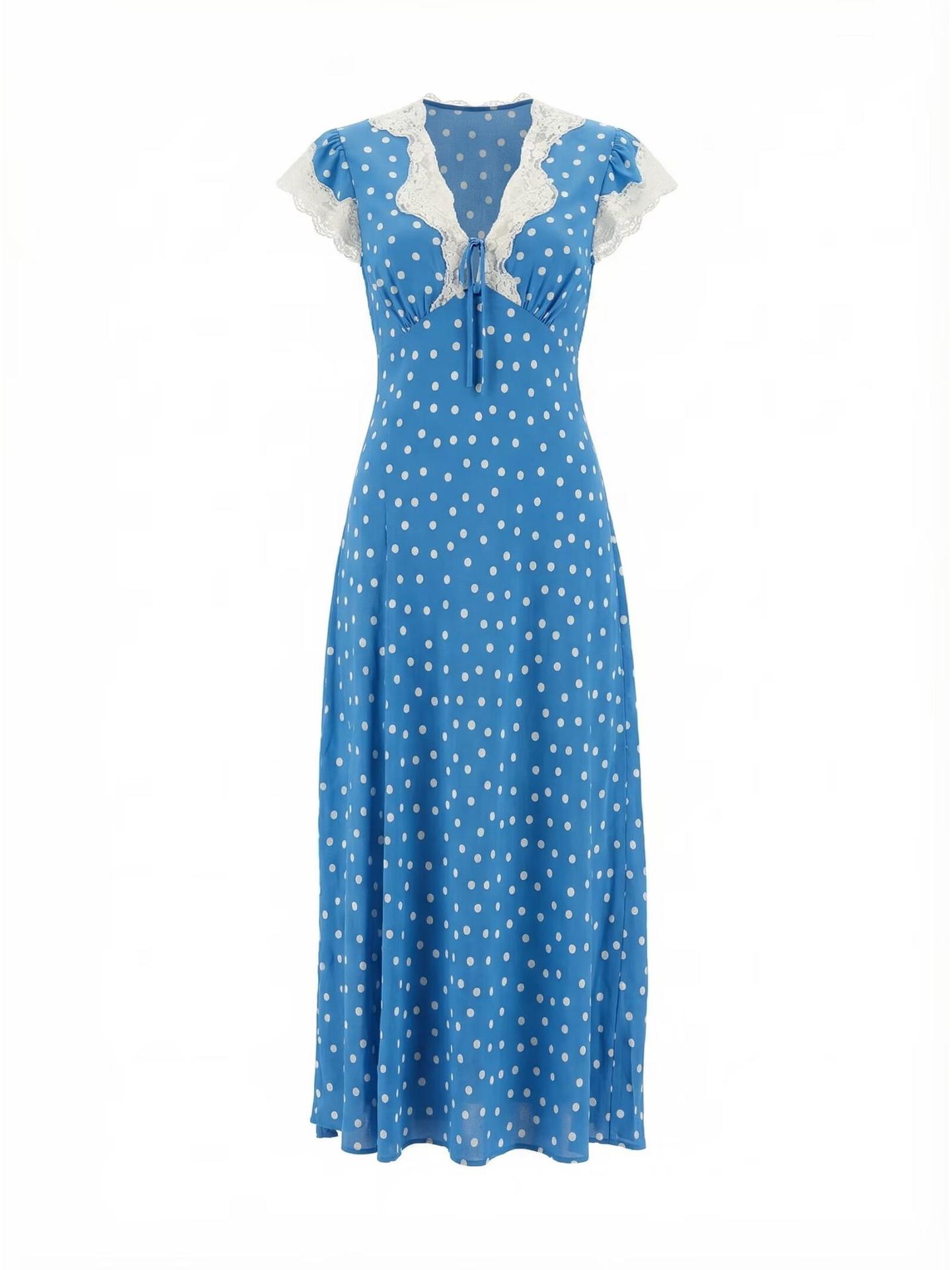 2025 Autumn/Winter European Women s V-neck Polka Dot Lace Patchwork Dress Small синий