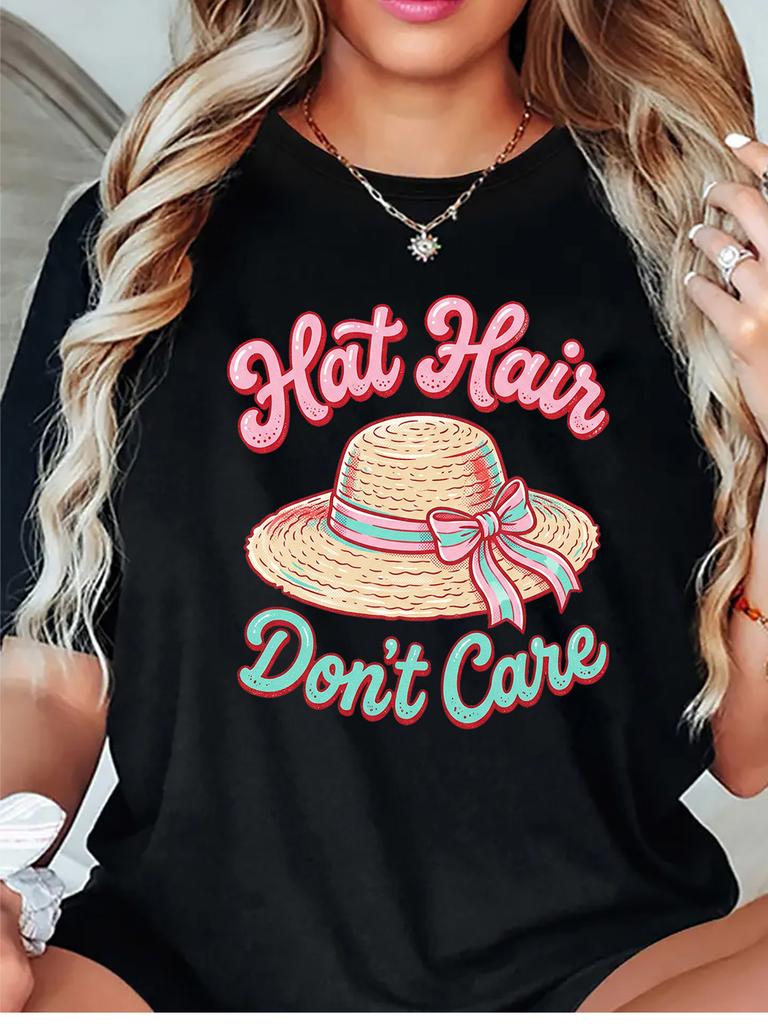 Hat Hair Dont Care Straw Hat Bow Summer Beach Vacation Graphic Unisexs T Shirt Short Sleeve Crew Neck Casual Ladies Tee Tops