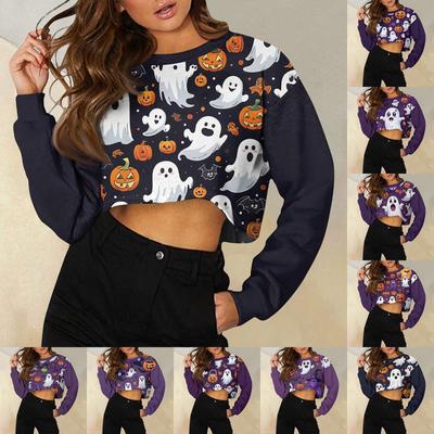 Women's Fashion Casual Round Neck Loose Long Sleeve Halloween Printed Short Sweatshirt