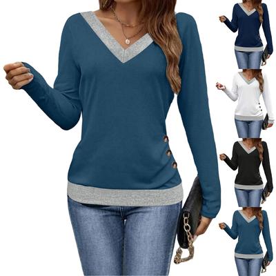Women's Fashionable Casual Versatile V,Neck T,Shirt With Waist,Cinching Button,Down Long Sleeves