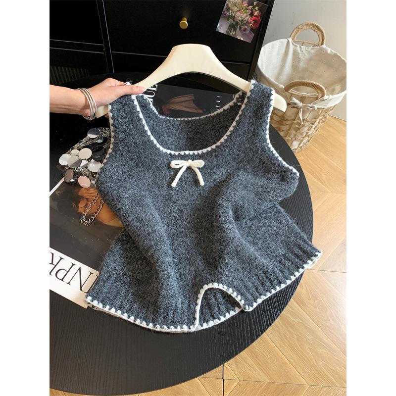 Women's French Color Block Bow Knit Vest - 2026 Autumn Sleeveless Layering Top