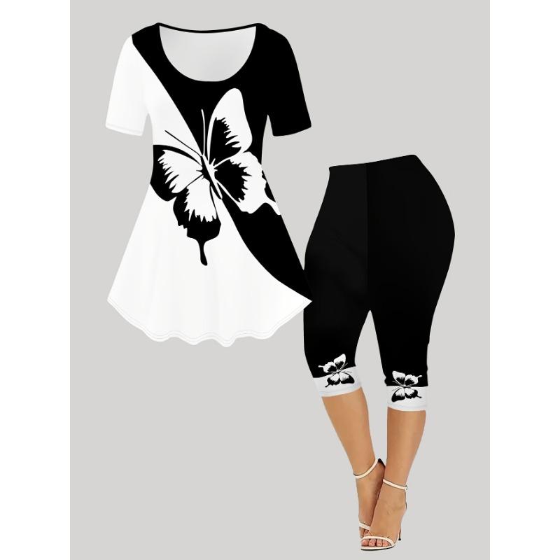 Women s Black and White Butterfly Print Fashion Short Sleeve Cropped Pants Suit 2XL