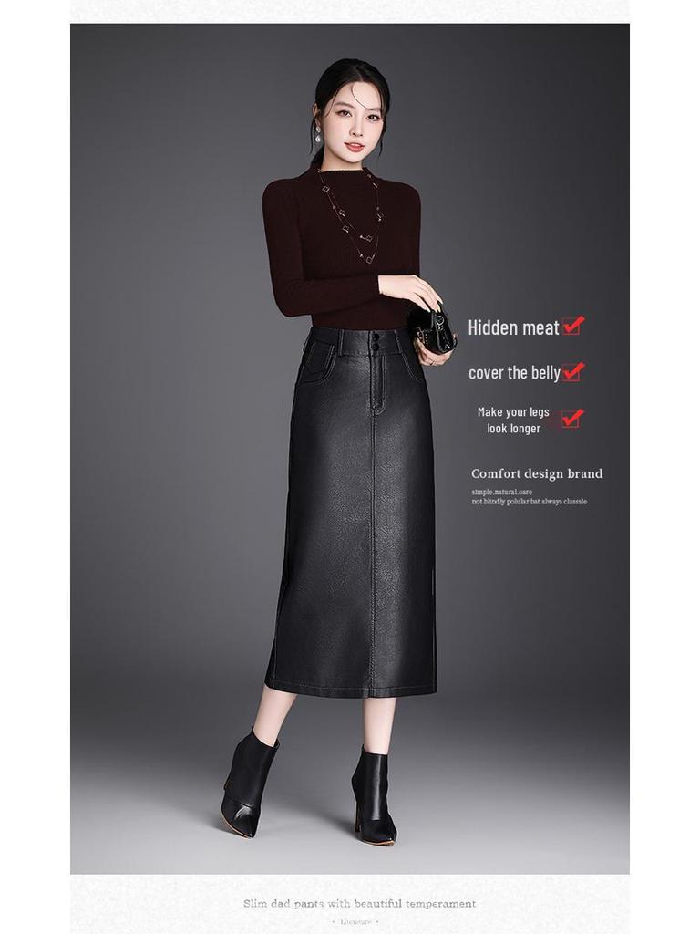 Ołówkowa Spódnica z PU Skóry z Kieszeniami, Wysoki Stan, Kolekcja Jesień/Zima 2025, Krój Prosty, Dopasowana.