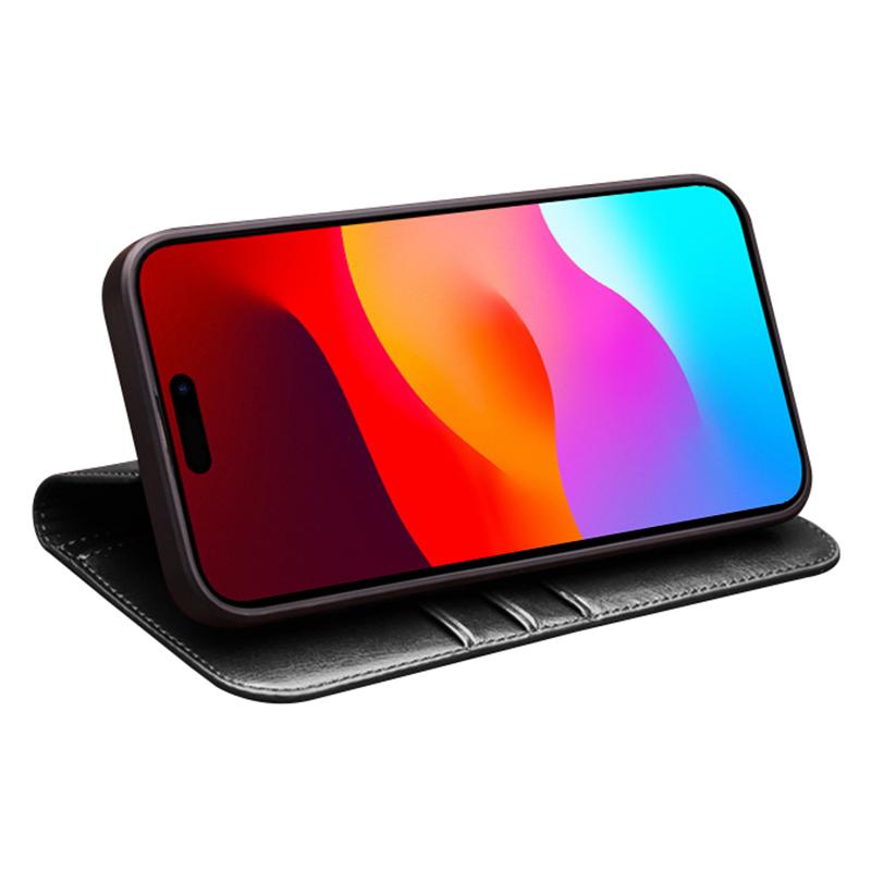

QIALINO For iPhone 15 Plus Anti-Drop Genuine Leather Phone Case Stand Full Wrapped Wallet Flip Cover Black