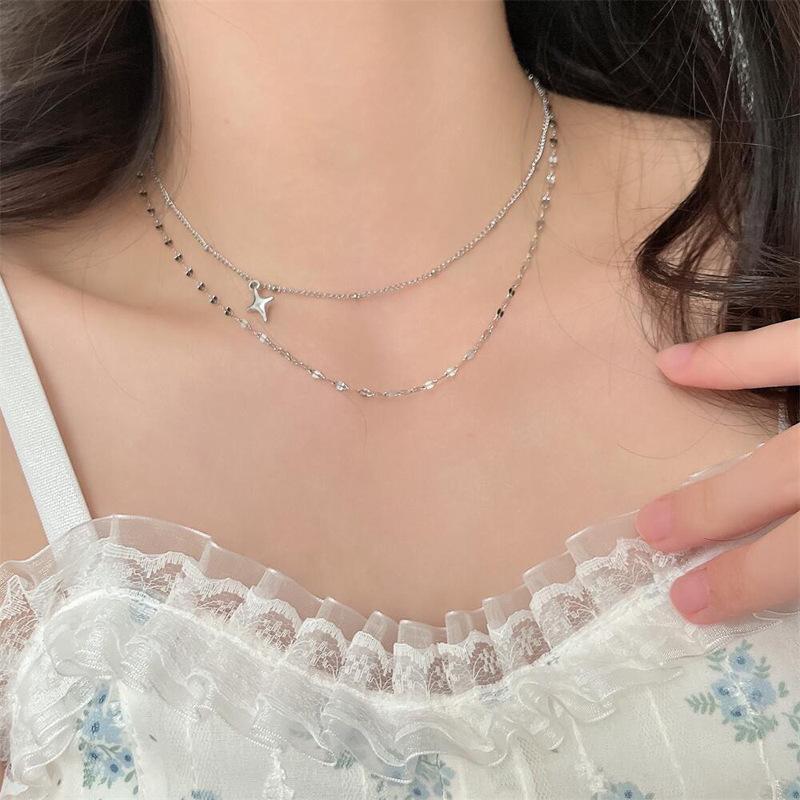 Cross Star Double Sequined Neck Chain Necklace Hip Hop Personality Choker Female Collarbone Chain Lip Chain