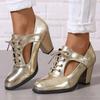 Patent Leather Cutout Chunky Heel Pumps Lace-Up Pointed Toe Dress Shoes Stylish High Heel Shoes for Office Work Fashion Casual