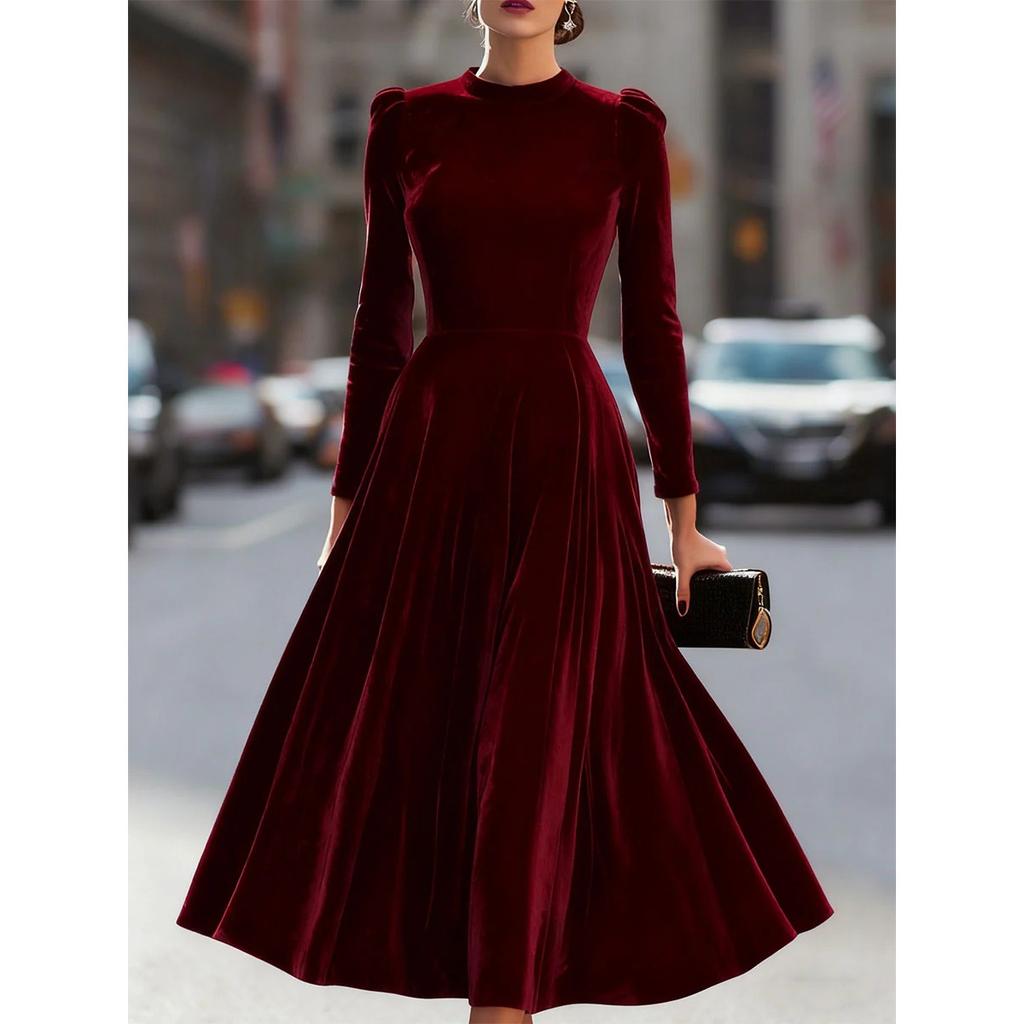 Spring Summer New Women's Elegant Round Neck Long Sleeve Korean Velvet Dress, Leisure Fashion For Women