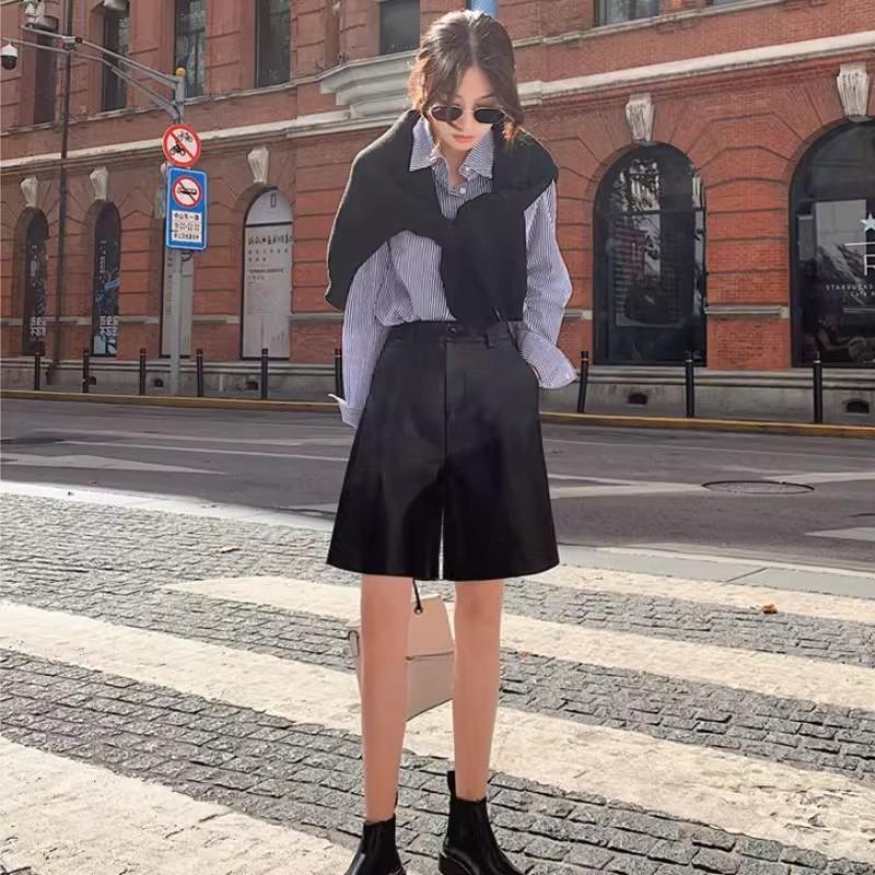 

Women s High Waisted Loose Summer Straight Leg Slimming Elastic Waist A-Line Outer Wear Wide Leg Knee-Length PU Leather Shorts Mini Shorts XS чёрный