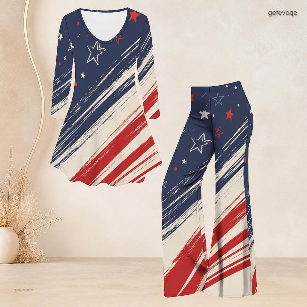 Women Plus Size Beige Printed Two Piece Set V Neck Long Sleeve Flared Top And Flared Pants