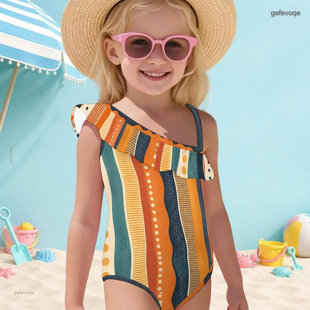 Girls One Shoulder Ruffle One Piece Swimsuit Abstract Printed Beach Swimwear