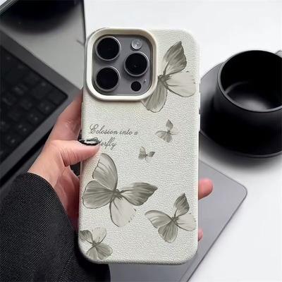 Color Butterfly Pattern Leather Texture Phone Case for iPhone 16 Pro 15 14 13 12 Pro Max Shockproof Matte Slim Plain Color Tpu Soft Anti-Fall Cover