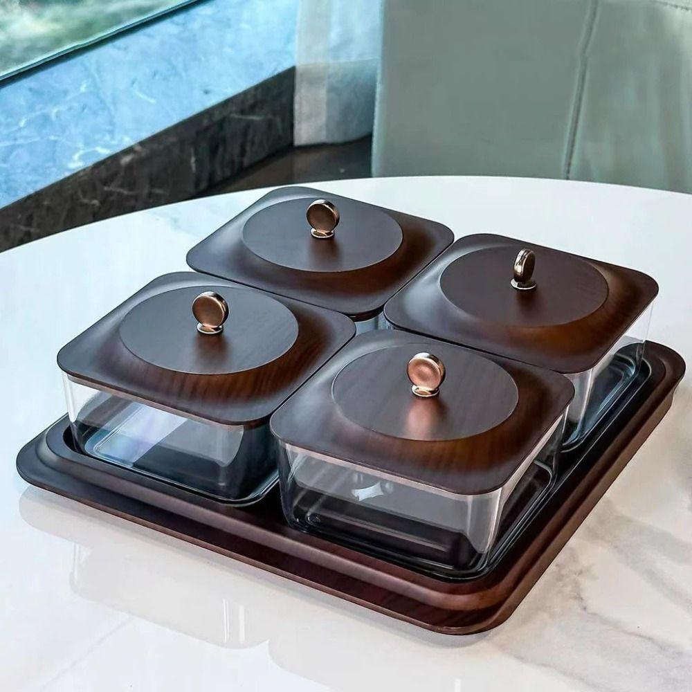 Wood Grain Snack Storage Box with Tray & Lid 2/4 Jars Coffee Table Dessert Plate Square Dustproof Nuts Candy Fruits Organizer