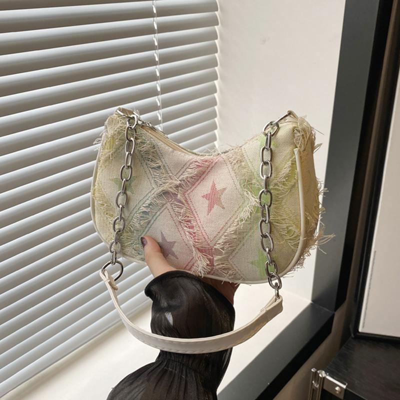 Womens Star Pattern Chain Decor Small Shoulder Bag Trendy Vintage Y2k Denim Underarm Bag Korean Star Women's Handbag Lady KTY