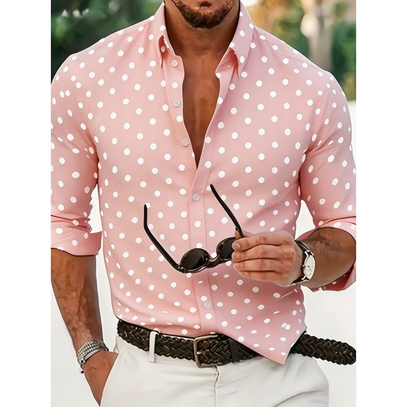 Men's Casual Long-Sleeved Shirt, Polka Dot, Button Closure, Elastic Fabric, Regular Fit, Suitable for Commuting/Street/Halloween/Christmas Gift Giving