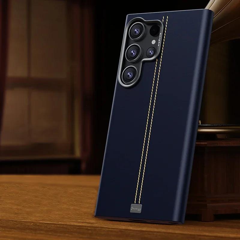Einfarbige Vintage Lederhülle für Samsung Galaxy S26 S25 S24 S23 Ultra Plus Magnetische Kabellose Ladefunktion Mattschwarze Metall-Linsenabdeckung