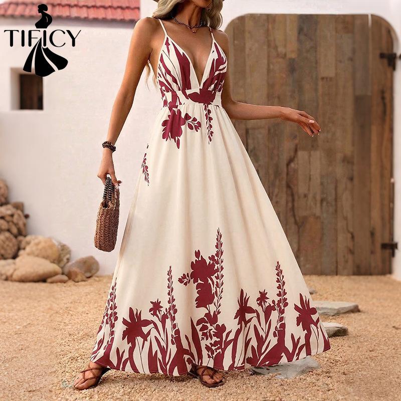 Women's Fashion Summer Spring Flower Pattern Print Sleeveless V-Neck High Waist Casual Dresses