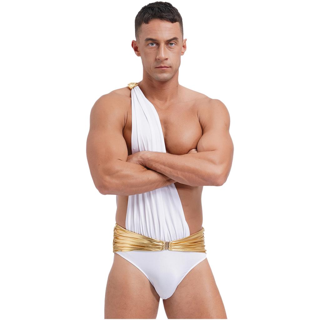 Mens Ancient Greek Roman One Shoulder Metallic Belt Briefs Toga Jumpsuit
