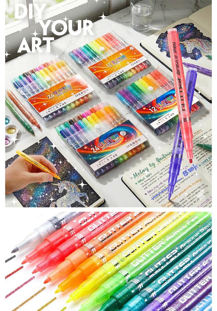 Glitter Acrylic Marker Pen Set for Kids and Students - Colorful Art and DIY Journal Brushes